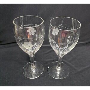 Vintage Etched Grape Vine Stemmed Water Glasses | Pair | Clear Glass 7" Tall